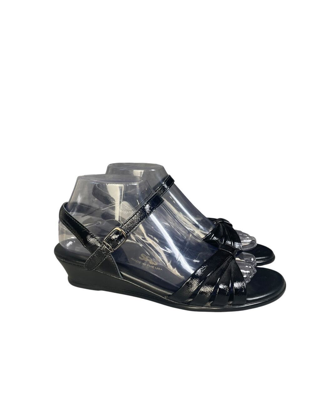 SAS Women’s Strippy Black Patent Leather Wedge Sandals Size-8M